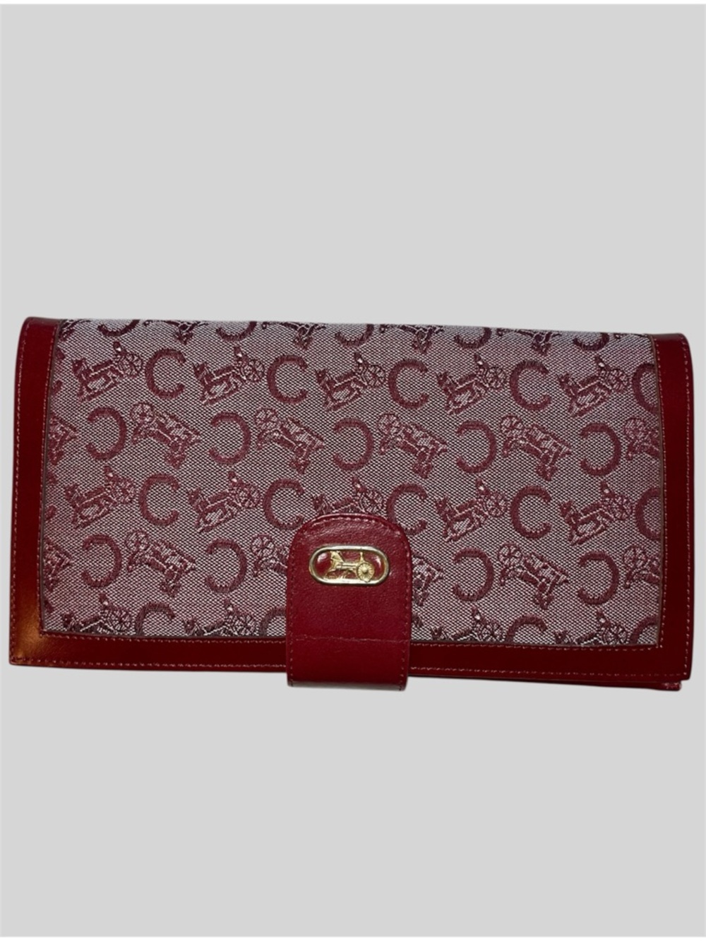 Vintage Celine Deep Red Tri-fold Sulky C Horse Carriage Oversized Wallet